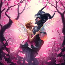 A captivating book cover featuring the romantic connection between a delicate fairy and a handsome demon