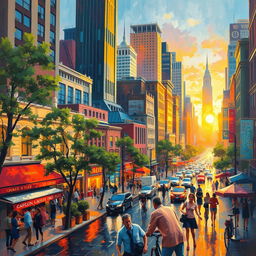 An impressionist painting of a bustling cityscape, filled with vibrant colors and dynamic brush strokes that capture the energy of the urban environment