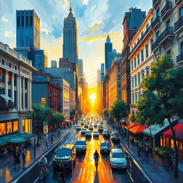 An impressionist painting of a bustling cityscape, filled with vibrant colors and dynamic brush strokes that capture the energy of the urban environment