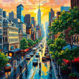 An impressionist painting of a bustling cityscape, filled with vibrant colors and dynamic brush strokes that capture the energy of the urban environment