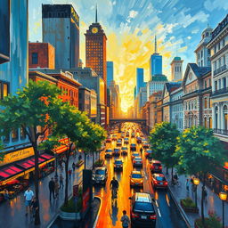 An impressionist painting of a bustling cityscape, filled with vibrant colors and dynamic brush strokes that capture the energy of the urban environment