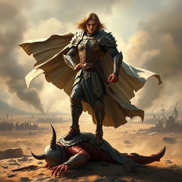 A heroic figure standing confidently with one foot on a defeated enemy's body, embodying strength and victory