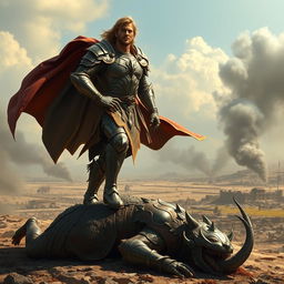 A heroic figure standing confidently with one foot on a defeated enemy's body, embodying strength and victory
