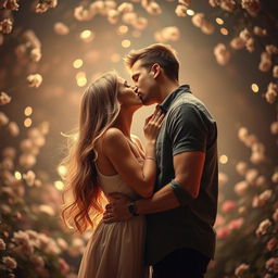 A romantic scene featuring a passionate kiss between a couple in an enchanting, softly lit setting