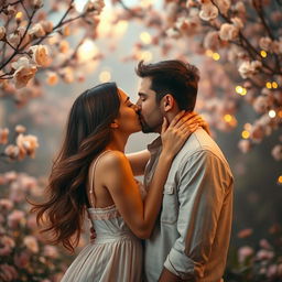 A romantic scene featuring a passionate kiss between a couple in an enchanting, softly lit setting