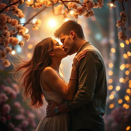 A romantic scene featuring a passionate kiss between a couple in an enchanting, softly lit setting