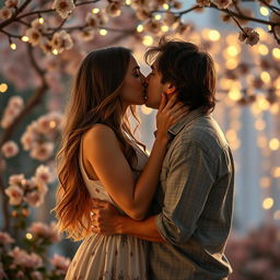 A romantic scene featuring a passionate kiss between a couple in an enchanting, softly lit setting