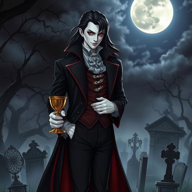 A striking vampire character for a gothic novel cover, featuring a pale-skinned, enigmatic figure with long, flowing black hair and piercing red eyes