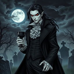 A striking vampire character for a gothic novel cover, featuring a pale-skinned, enigmatic figure with long, flowing black hair and piercing red eyes