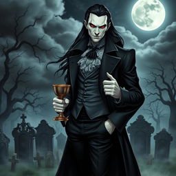 A striking vampire character for a gothic novel cover, featuring a pale-skinned, enigmatic figure with long, flowing black hair and piercing red eyes