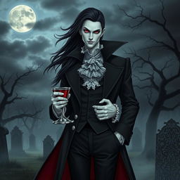 A striking vampire character for a gothic novel cover, featuring a pale-skinned, enigmatic figure with long, flowing black hair and piercing red eyes