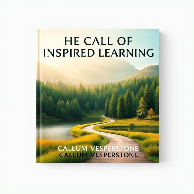 A flat book cover design for 'The Call of Inspired Learning' by Callum Vesperstone, featuring a realistic depiction of a serene landscape that blends a vibrant forest and a tranquil lake, symbolizing growth and harmony