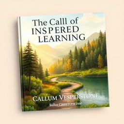 A flat book cover design for 'The Call of Inspired Learning' by Callum Vesperstone, featuring a realistic depiction of a serene landscape that blends a vibrant forest and a tranquil lake, symbolizing growth and harmony