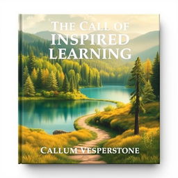 A flat book cover design for 'The Call of Inspired Learning' by Callum Vesperstone, featuring a realistic depiction of a serene landscape that blends a vibrant forest and a tranquil lake, symbolizing growth and harmony