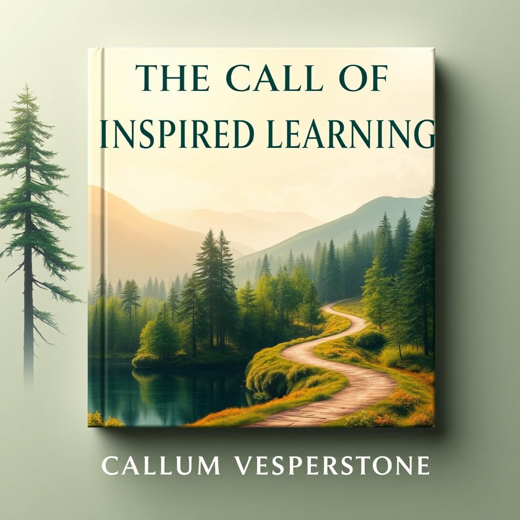 A flat book cover design for 'The Call of Inspired Learning' by Callum Vesperstone, featuring a realistic depiction of a serene landscape that blends a vibrant forest and a tranquil lake, symbolizing growth and harmony