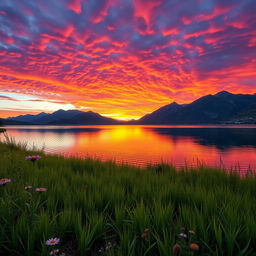 A stunning landscape photograph featuring a vibrant sunset over a serene lake, the sky filled with rich hues of orange, pink, and purple reflections on the water's surface