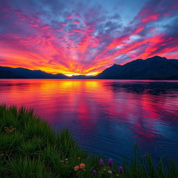 A stunning landscape photograph featuring a vibrant sunset over a serene lake, the sky filled with rich hues of orange, pink, and purple reflections on the water's surface