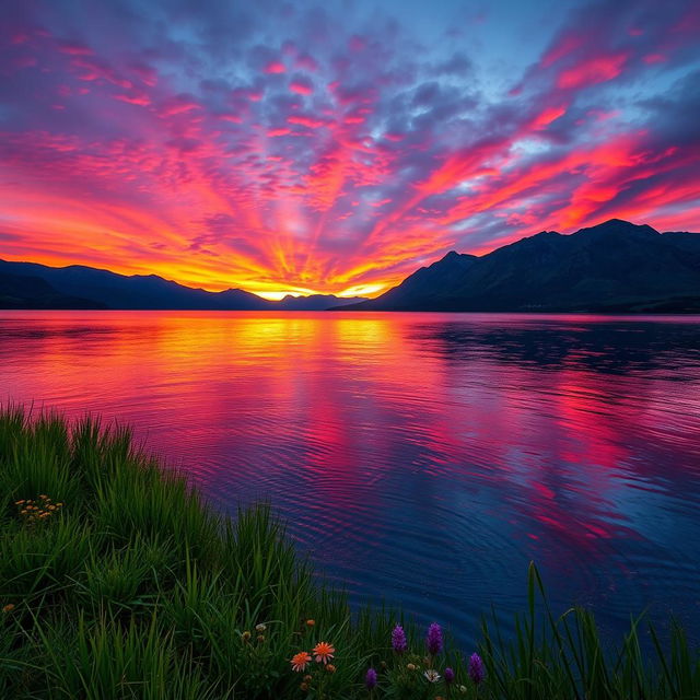 A stunning landscape photograph featuring a vibrant sunset over a serene lake, the sky filled with rich hues of orange, pink, and purple reflections on the water's surface