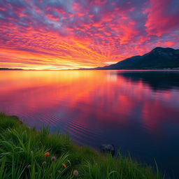 A stunning landscape photograph featuring a vibrant sunset over a serene lake, the sky filled with rich hues of orange, pink, and purple reflections on the water's surface