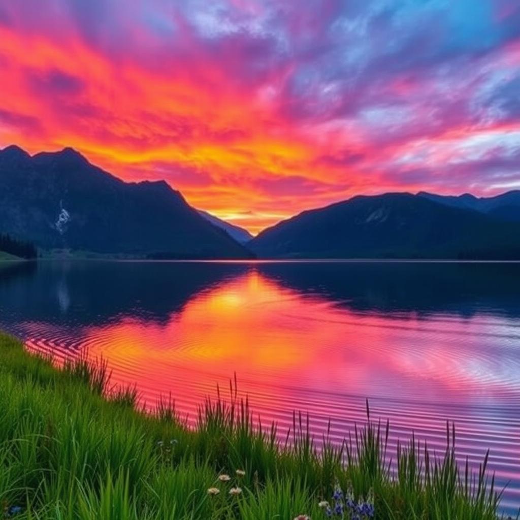 A stunning landscape photograph featuring a vibrant sunset over a serene lake, the sky filled with rich hues of orange, pink, and purple reflections on the water's surface