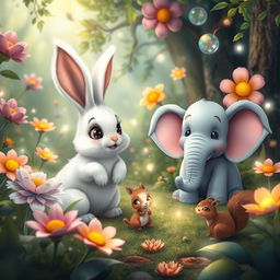 A whimsical scene in a magical forest featuring a cute rabbit with fluffy white fur, large expressive eyes, and long ears, an adorable elephant with pastel colors and playful expressions, and a small, energetic squirrel with a bushy tail, all interacting joyously among vibrant, oversized flowers and sparkling fairy lights