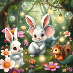 A whimsical scene in a magical forest featuring a cute rabbit with fluffy white fur, large expressive eyes, and long ears, an adorable elephant with pastel colors and playful expressions, and a small, energetic squirrel with a bushy tail, all interacting joyously among vibrant, oversized flowers and sparkling fairy lights