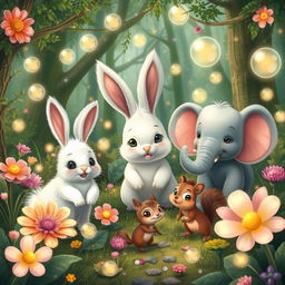 A whimsical scene in a magical forest featuring a cute rabbit with fluffy white fur, large expressive eyes, and long ears, an adorable elephant with pastel colors and playful expressions, and a small, energetic squirrel with a bushy tail, all interacting joyously among vibrant, oversized flowers and sparkling fairy lights