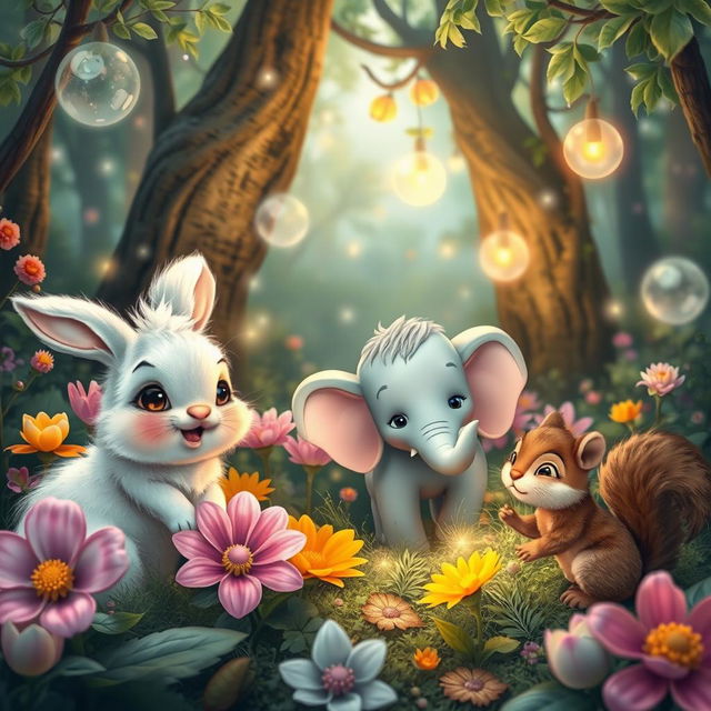 A whimsical scene in a magical forest featuring a cute rabbit with fluffy white fur, large expressive eyes, and long ears, an adorable elephant with pastel colors and playful expressions, and a small, energetic squirrel with a bushy tail, all interacting joyously among vibrant, oversized flowers and sparkling fairy lights