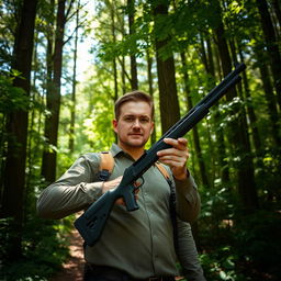 A man standing confidently in a dense forest, gripping an RTI P3 