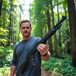 A man standing confidently in a dense forest, gripping an RTI P3 