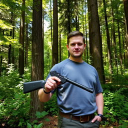 A man standing confidently in a dense forest, gripping an RTI P3 