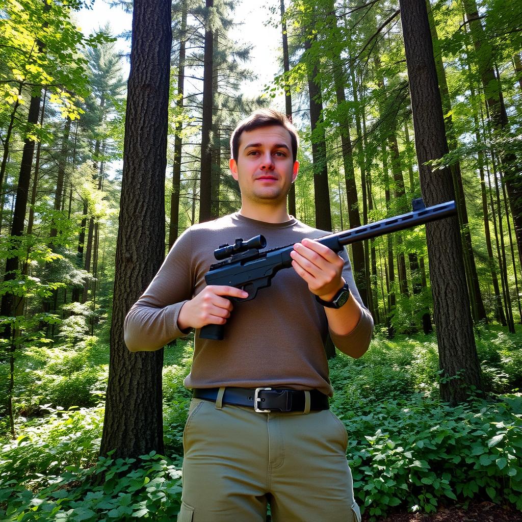 A man standing confidently in a dense forest, gripping an RTI P3 