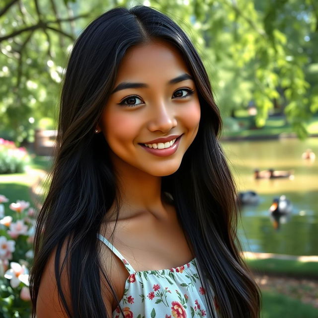 A serene portrait of a young woman named Mitu, featuring soft facial features, long flowing black hair, and warm brown skin