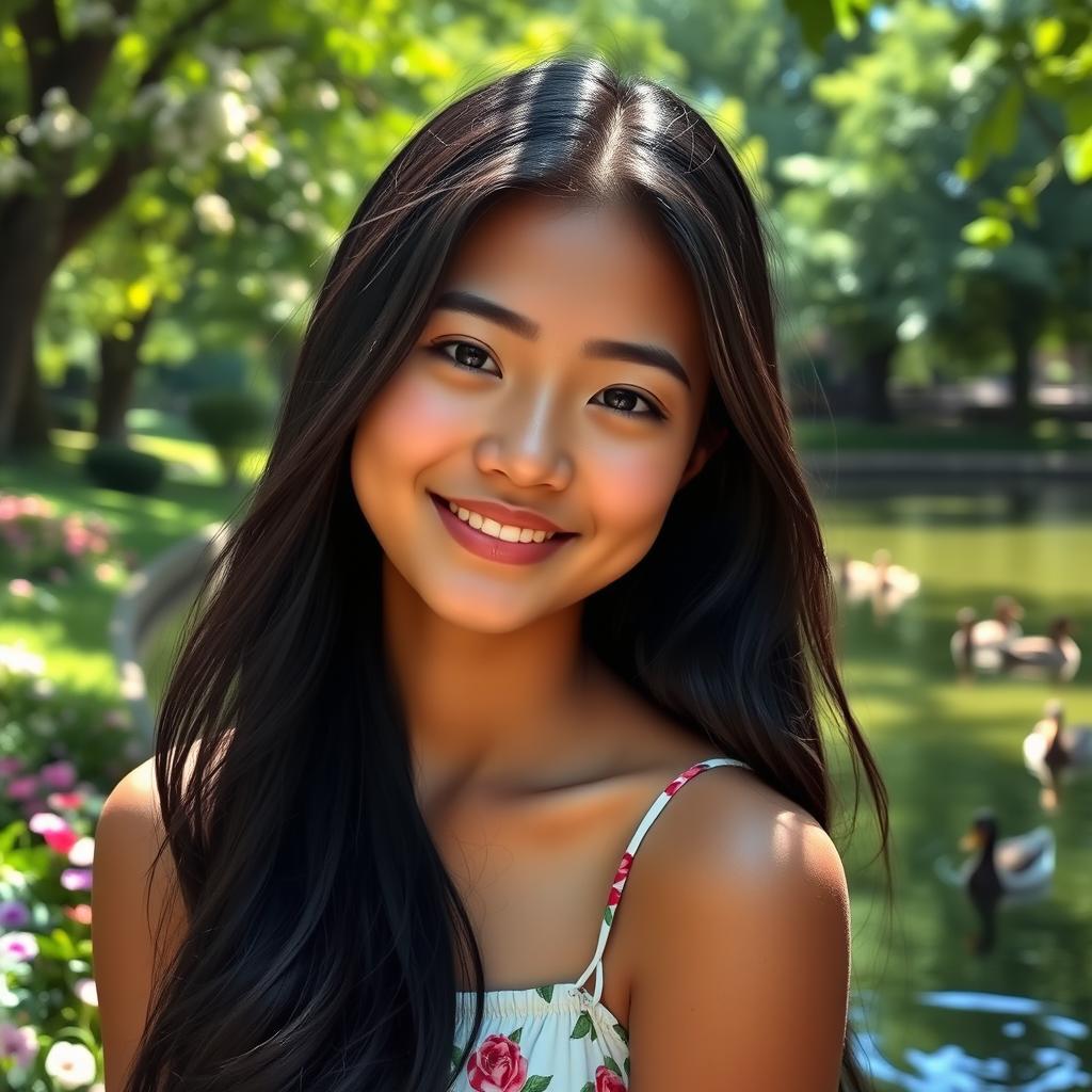 A serene portrait of a young woman named Mitu, featuring soft facial features, long flowing black hair, and warm brown skin