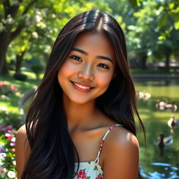 A serene portrait of a young woman named Mitu, featuring soft facial features, long flowing black hair, and warm brown skin