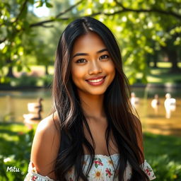 A serene portrait of a young woman named Mitu, featuring soft facial features, long flowing black hair, and warm brown skin