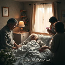 A poignant scene depicting the concept of human mortality, featuring an elderly person peacefully lying in a cozy bedroom surrounded by family