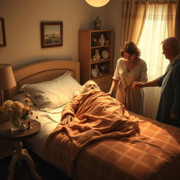 A poignant scene depicting the concept of human mortality, featuring an elderly person peacefully lying in a cozy bedroom surrounded by family