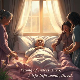 A poignant scene depicting the concept of human mortality, featuring an elderly person peacefully lying in a cozy bedroom surrounded by family