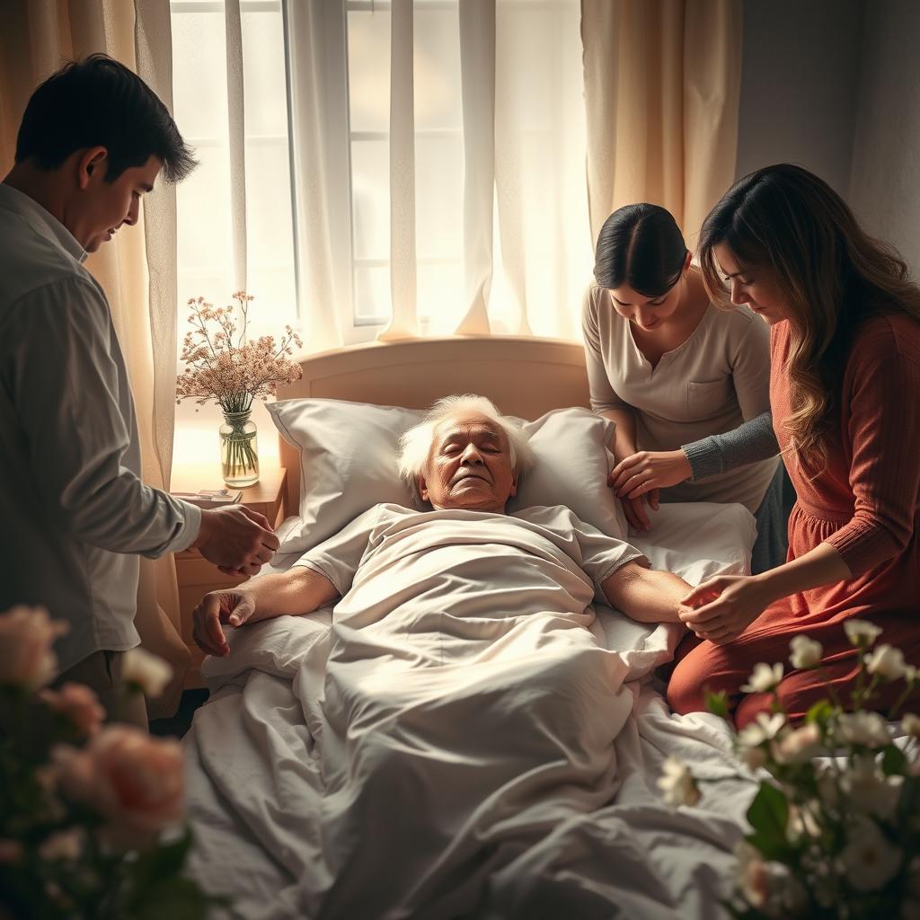 A poignant scene depicting the concept of human mortality, featuring an elderly person peacefully lying in a cozy bedroom surrounded by family