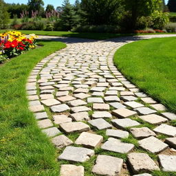 A beautifully arranged pathway made of cobblestone, featuring a mix of grey and warm brown stones