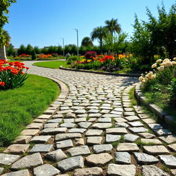 A beautifully arranged pathway made of cobblestone, featuring a mix of grey and warm brown stones