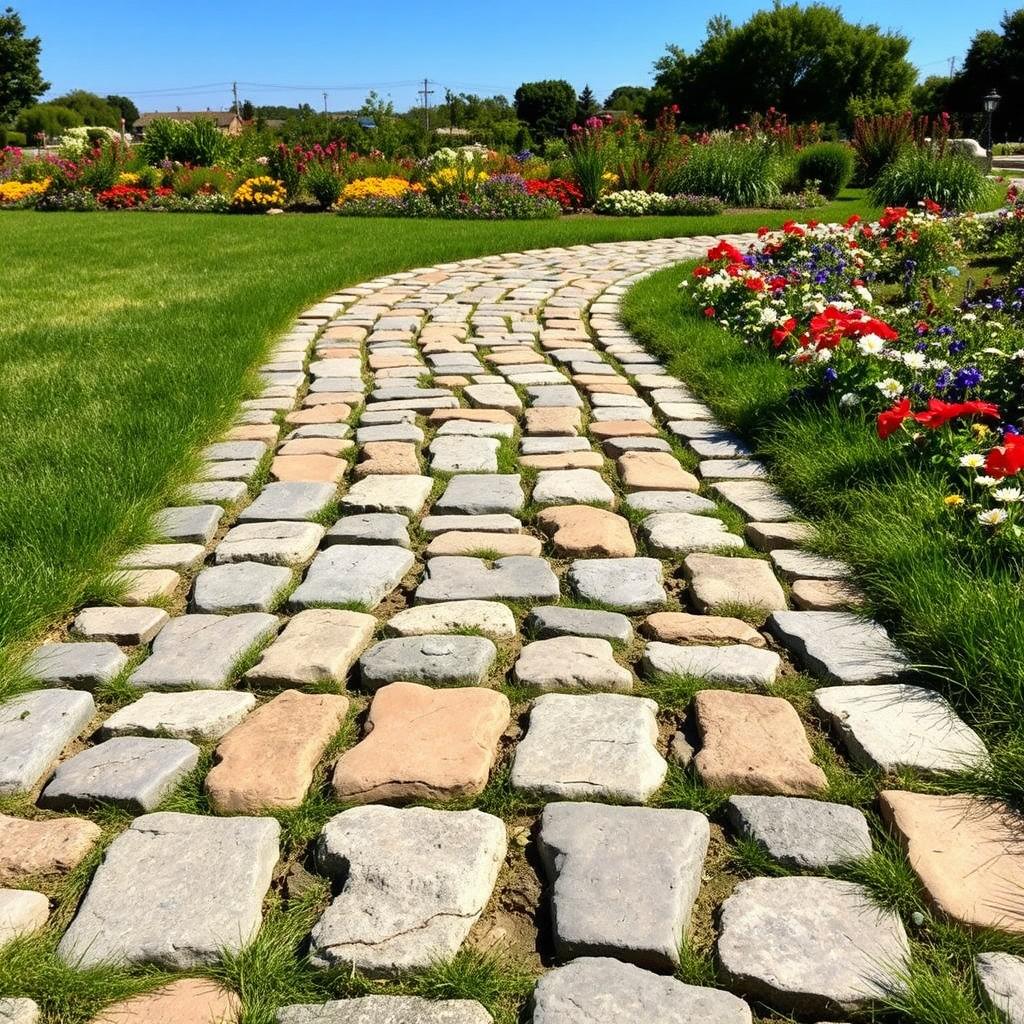 A beautifully arranged pathway made of cobblestone, featuring a mix of grey and warm brown stones