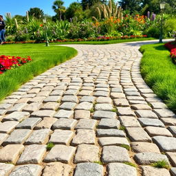 A beautifully arranged pathway made of cobblestone, featuring a mix of grey and warm brown stones