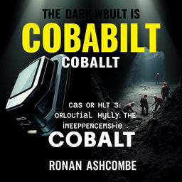 A dramatic split image design for a book cover titled 'The Dark Truth Behind Our Daily Dependencies on Cobalt' by Ronan Ashcombe