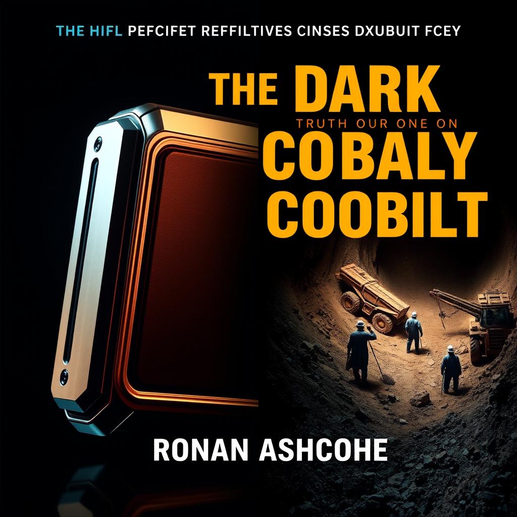 A dramatic split image design for a book cover titled 'The Dark Truth Behind Our Daily Dependencies on Cobalt' by Ronan Ashcombe