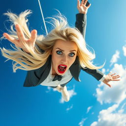 A beautiful and sexy blonde office woman with captivating blue eyes and striking red lips is falling from the sky, her expression filled with fear and surprise