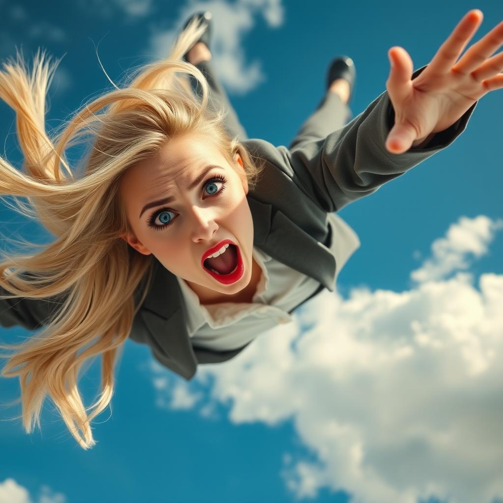 A beautiful and sexy blonde office woman with captivating blue eyes and striking red lips is falling from the sky, her expression filled with fear and surprise