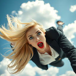 A beautiful and sexy blonde office woman with captivating blue eyes and striking red lips is falling from the sky, her expression filled with fear and surprise