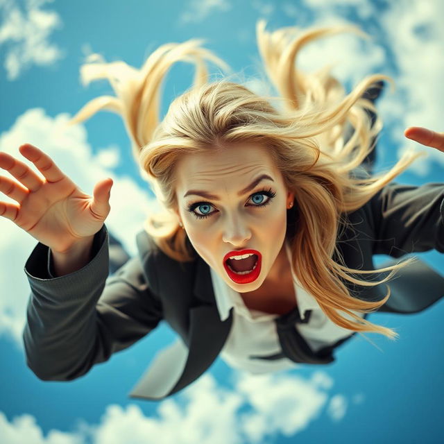 A beautiful and sexy blonde office woman with captivating blue eyes and striking red lips is falling from the sky, her expression filled with fear and surprise